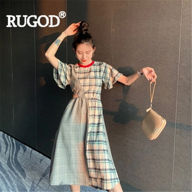 Женское винтажное клетчатое платье RUGOD в стиле пэчворк с круглым вырезом и
