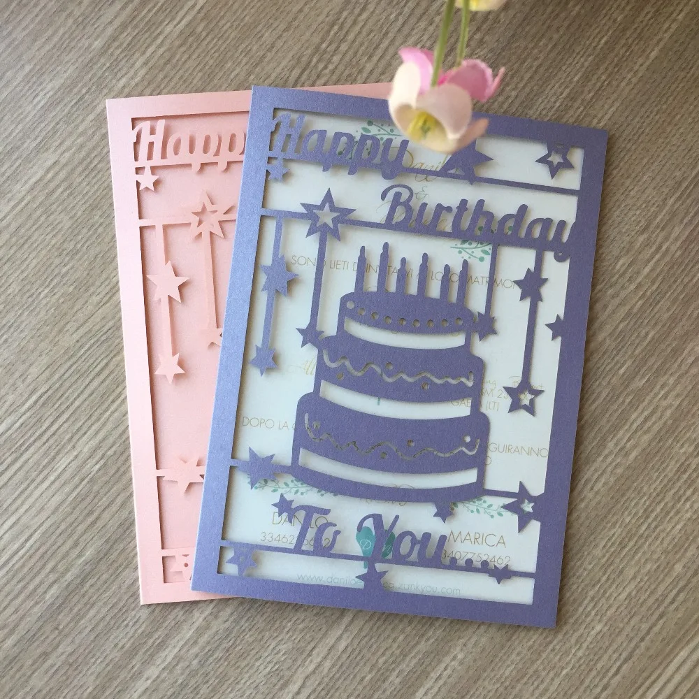 

40Pcs Laser Cut Pearl paper Birthday cake pattern Blessing Card Happy Birthday To you Party Decoration card Greeting card