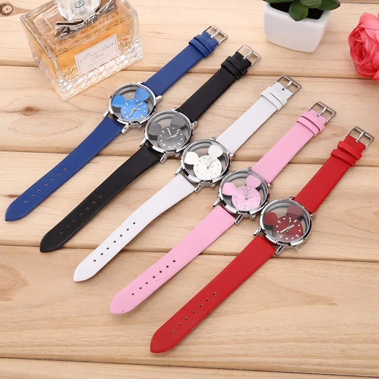 

2018 Fashion Cartoon women Men Transparent Hollow quartz watches Leather strap Kid girl Gift Relogio Feminino