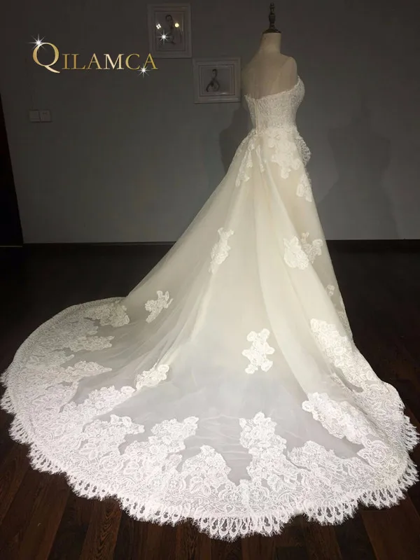 100% настоящая фотография Vestido De Noiva светло шампанского Аппликации Кружева Съемный