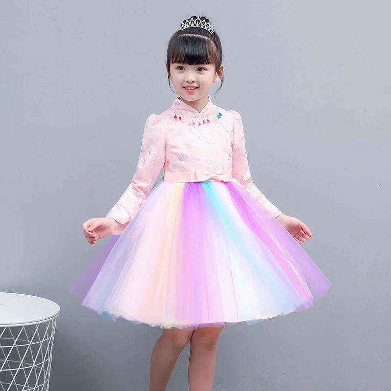Fairy rainbow dress girls party kids elegant beautiful teens long sleeve fall winter modern qipao wedding little princess | Детская
