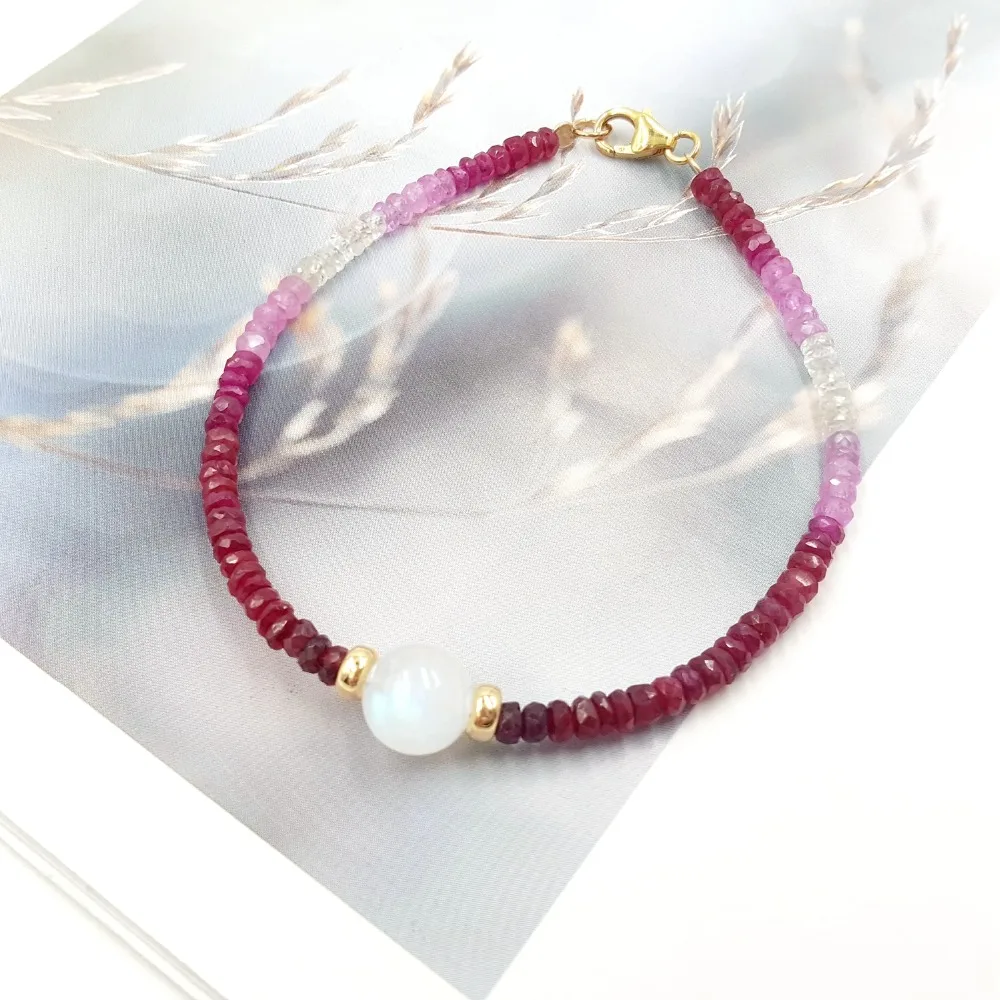Lii Ji Natural Gemstone Gradient Color Ruby Sparkling Moonstone 9K GF/18K Yellow Gold Bracelet Fine Jewelry For Women Gift