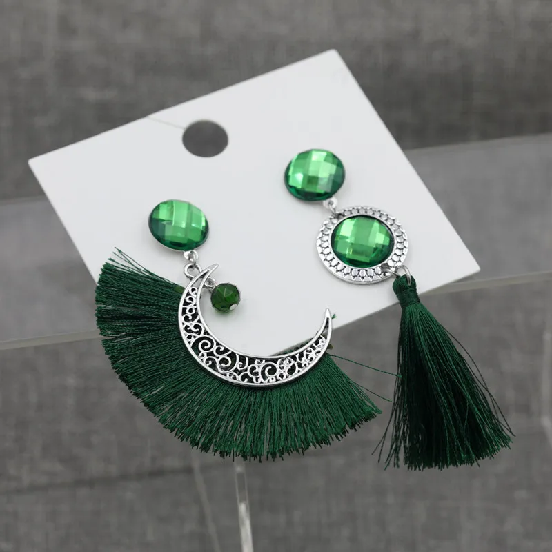 free shipping Vintage Ethnic Handmade Green Tassel stud Earrings For Women Bohemian Moon Fashion Party Jewelry | Украшения и
