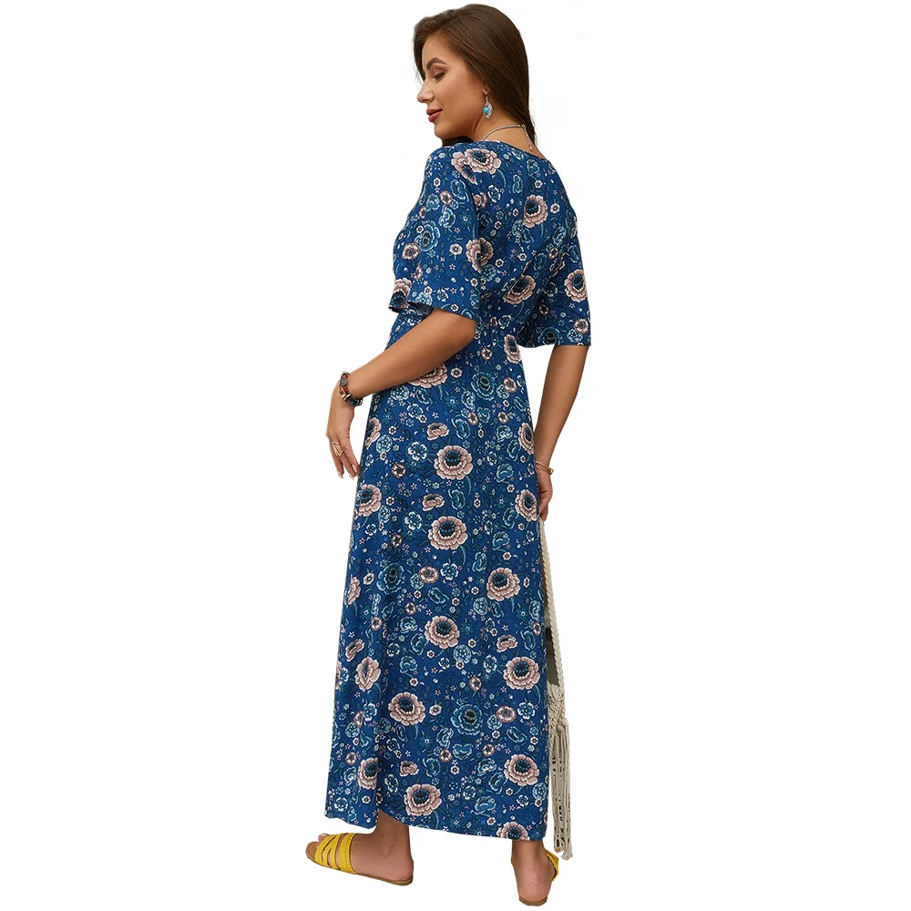 Женское платье с v образным вырезом повседневное длинное принтом в богемном