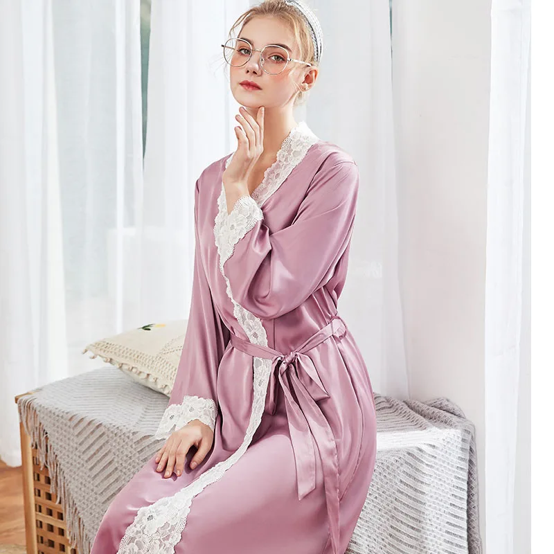 Women pajamas Lace Female Robe Silk Kimono Bathrobe 2019 Spring Summer Sweet Elegant Bride Robes Satin Dress | Женская одежда