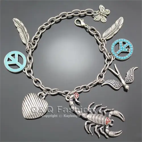 Мужской посеребренный браслет в античном стиле Скорпион Мир птица лист сердце