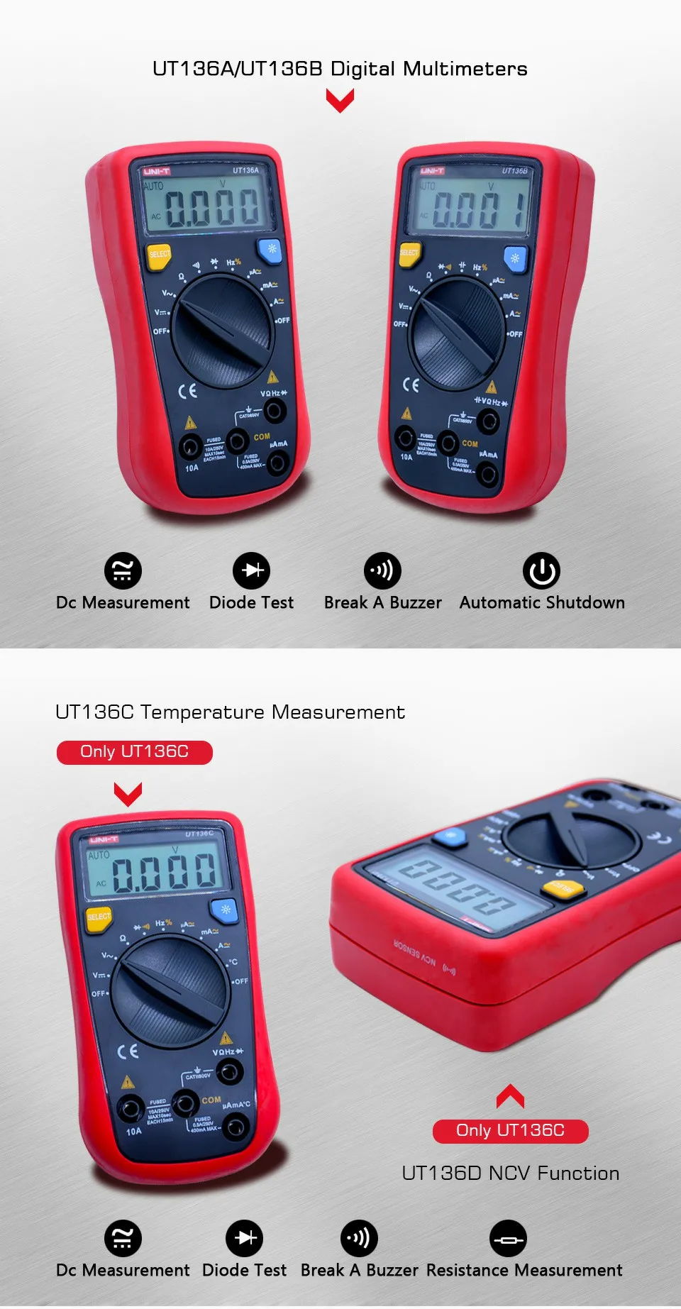 UNI-T UT136A/UT136B/UT136C/UT136D Цифровой мультиметр Авто Диапазон AC/DC Напряжение Ток Сопротивление Емкость Частота тестер
