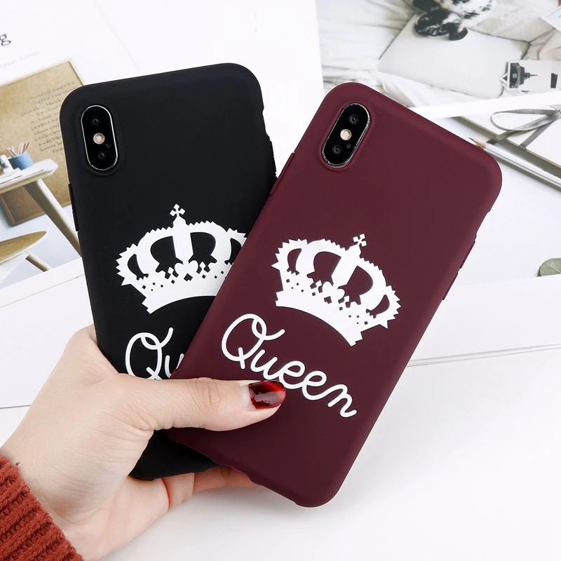 Матовый чехол для телефона с короной для iPhone 11 Pro Max XS Max X XR King queen чехол s 7 6 6s 8 Plus сплошной карамельный цвет Мягкий ТПУ полный Чехол