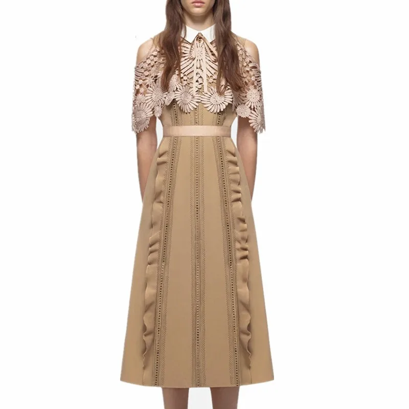 Beige Новинка, подиум, летнее, Автопортрет, женское модное кружевное длинное платье, воротник Питер Пэн, с открытыми плечами, миди, плащ платье, Vestido - Цвет: Beige