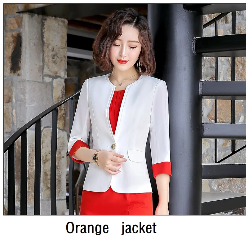 Orange jacket Женские костюмы, приталенные весенние платья с принтом и рукавом до локтя, комплект из 2 предметов, деловые Деловые женские платья, костюмы, женские комплекты, костюмы - Цвет: Orange jacket