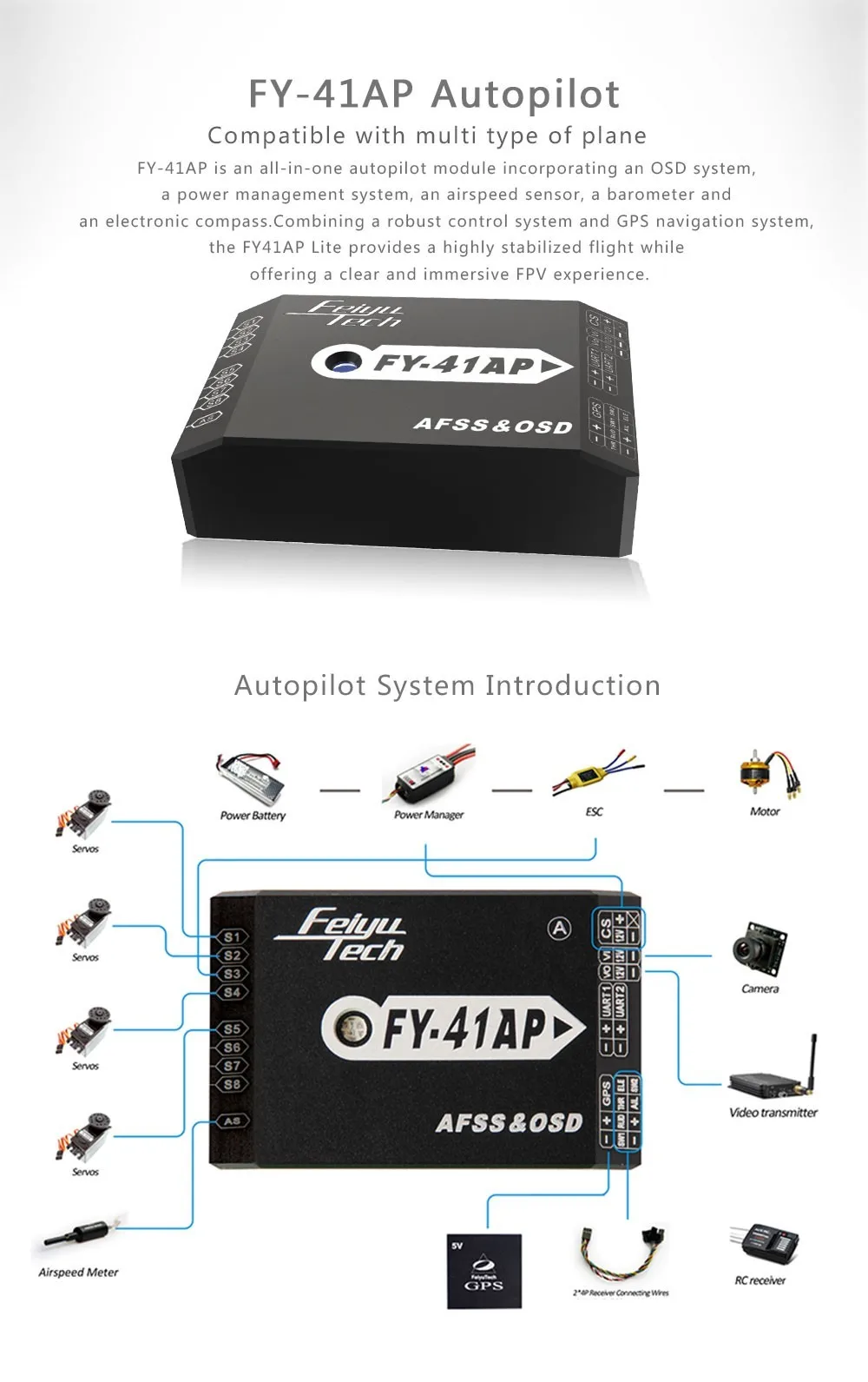 Feiyu Tech FY-41AP(A) Контроллер полета для неподвижного крыла БПЛА дрона Rc плоскость FPV