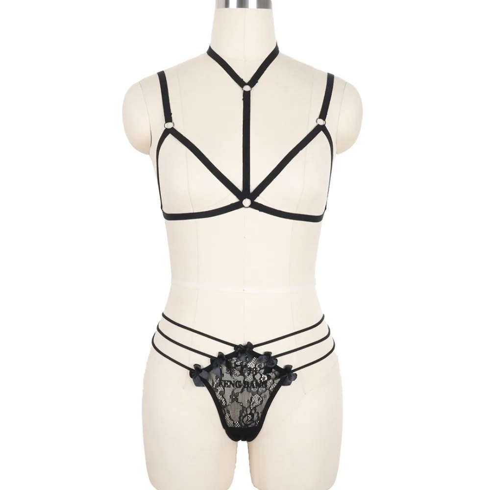 Crop Top Set Black Open Chest Cage Harness Bra Fetish Wear Bottom Panties Body Sexy Lingerie Bondage Bodysuit | Женская одежда