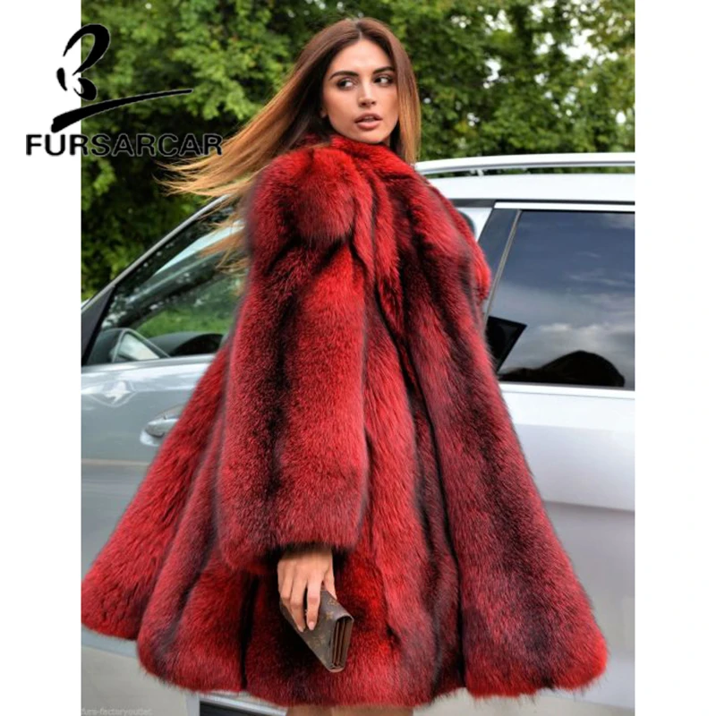FURSARCAR 2021 Luxury Natural Real Fox Fur Women Coat Long Turn-Down Collar Winter Coat Female New Red Plus Size Fur Jacket