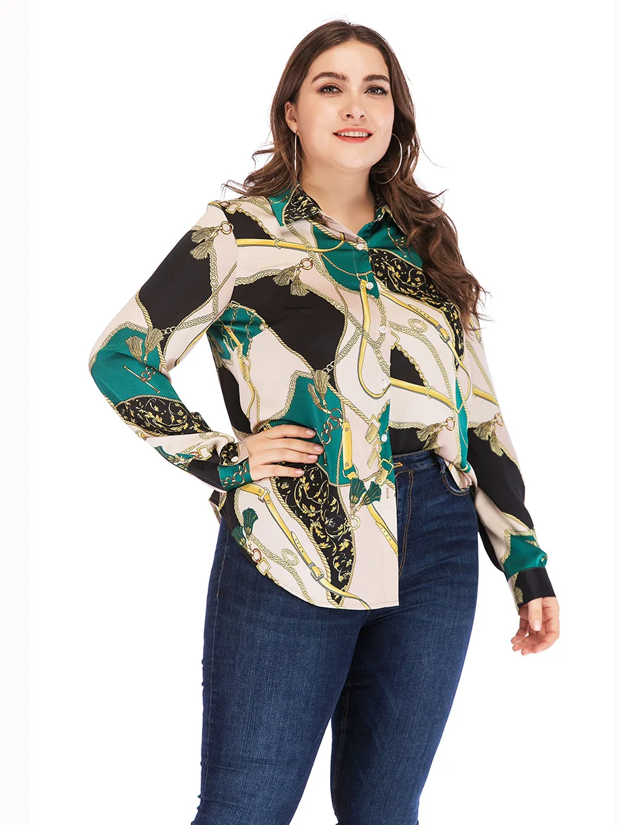 4XL 5XL размера плюс женские офисные рубашки женские летние рубашки с отложным воротником и длинным рукавом Зеленые женские блузки с цветочным принтом топы