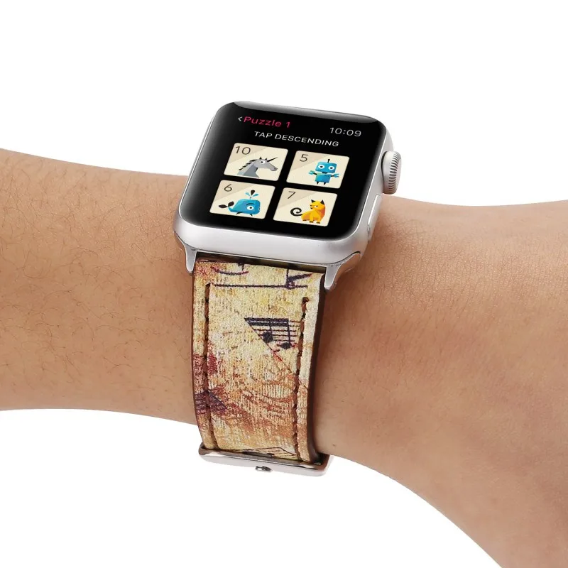 Цветочный принт кожаный ремешок для наручных часов Apple Watch, ремешок 42/44 мм 38/40 мм, Версия 1, 2 3 4 Ретро штамп музыкальная нота Напульсники для наручных часов iWatch