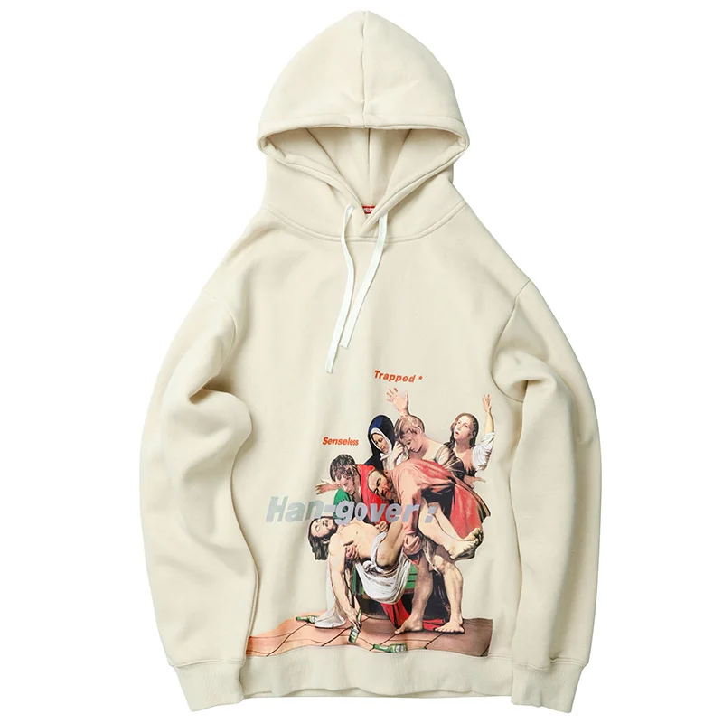 Beige Aolamegs толстовки для мужчин прохладный живопись печатных с капюшоном Толстый Пуловер повседневное колледж Стиль флис мужчин High Street Толстовка - Цвет: Beige