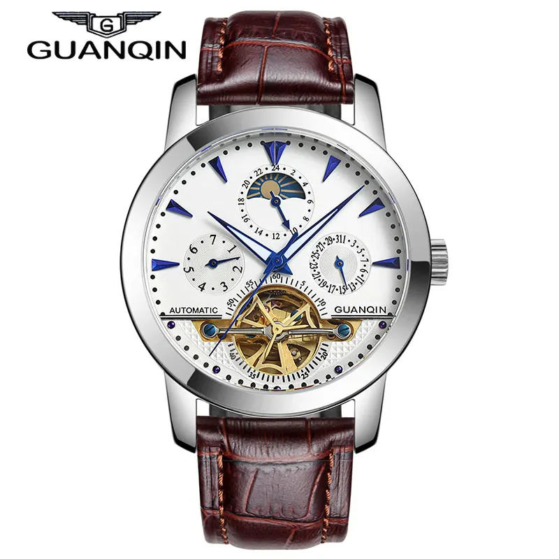 Оригинал GUANQIN Автоматические Механические Tourbillon Часы Мужчины Кожаный Ремешок