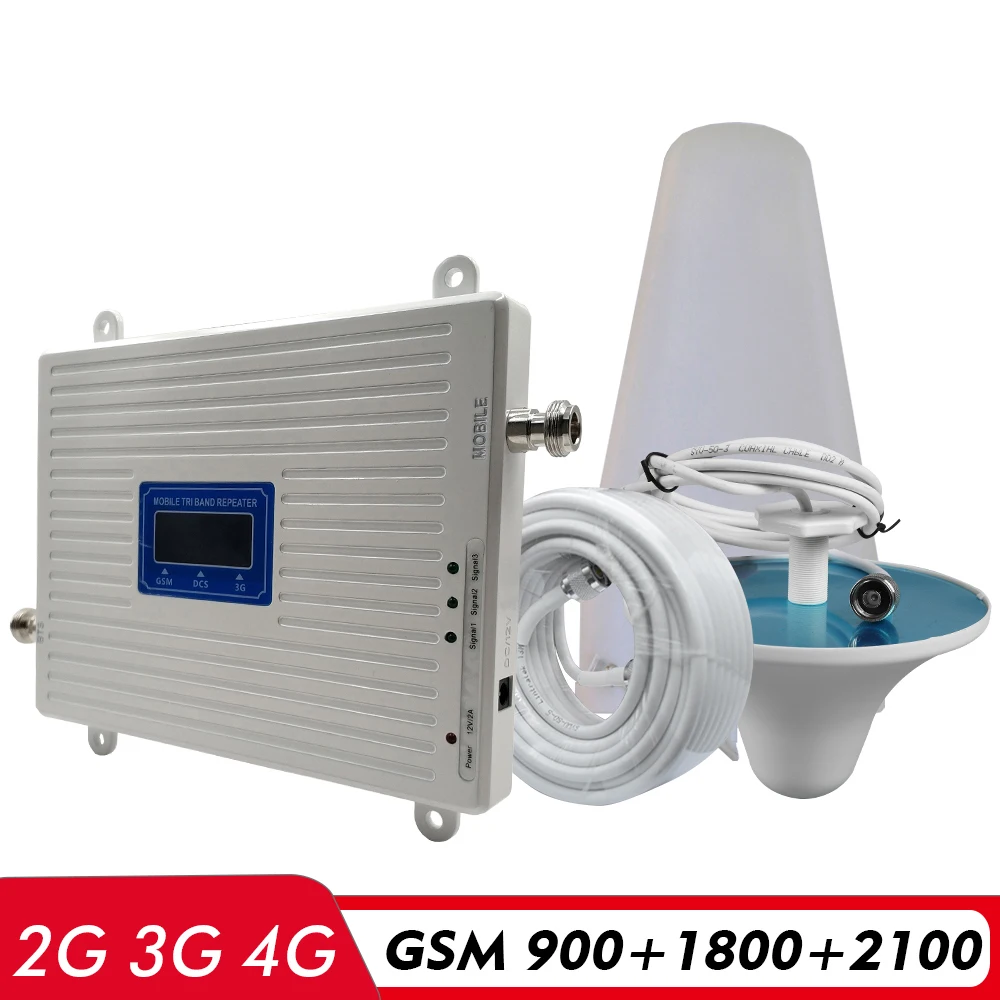 Kup 65dB Wzmocnienie Tri-band Wzmacniacz GSM 900 + DCS/LTE 1800 + UMTS/WCDMA 2100 Mhz Wzmacniacz Sygnału Telefonii Komórkowej 2G 3G 4G Wzmacniacz Sygnału Sieciowego