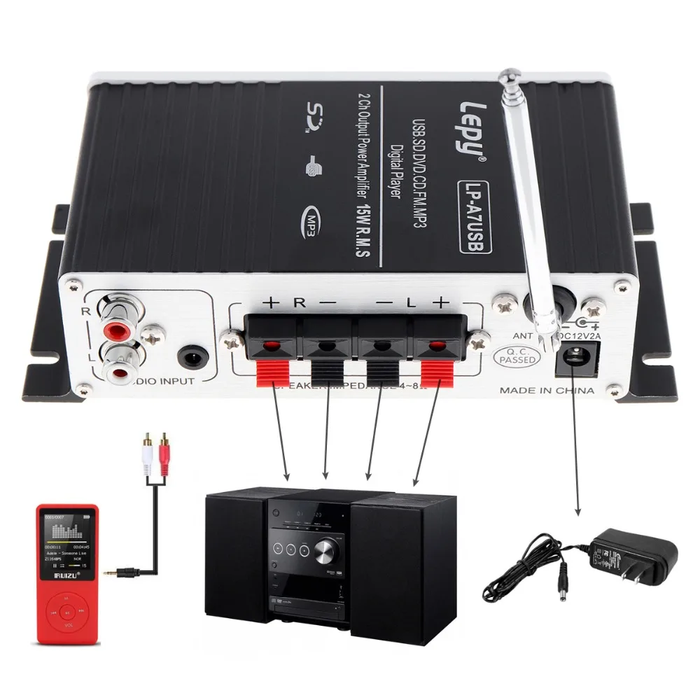 DC12V 5A Bluetooth Digital Display Car Mini Hi-Fi Stereo Audio Amplifier USB SD DVD CD FM MP3 with Remote Controller