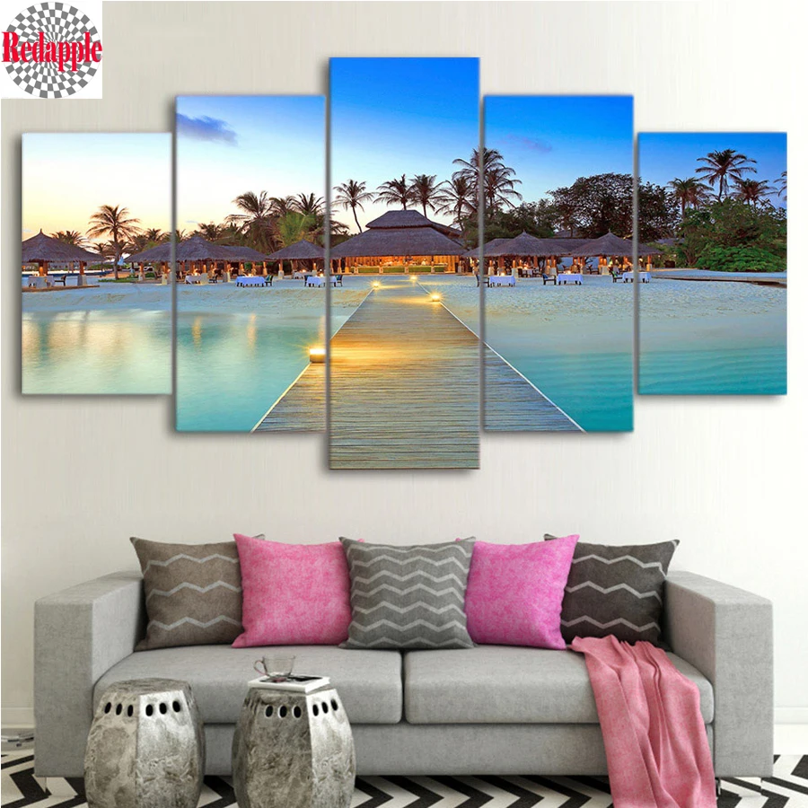 

5pcs diamond embroidery Sea Bridge Palm Trees House Seascape Pictures full square 5d DIY diamond painting landscape cross stitch