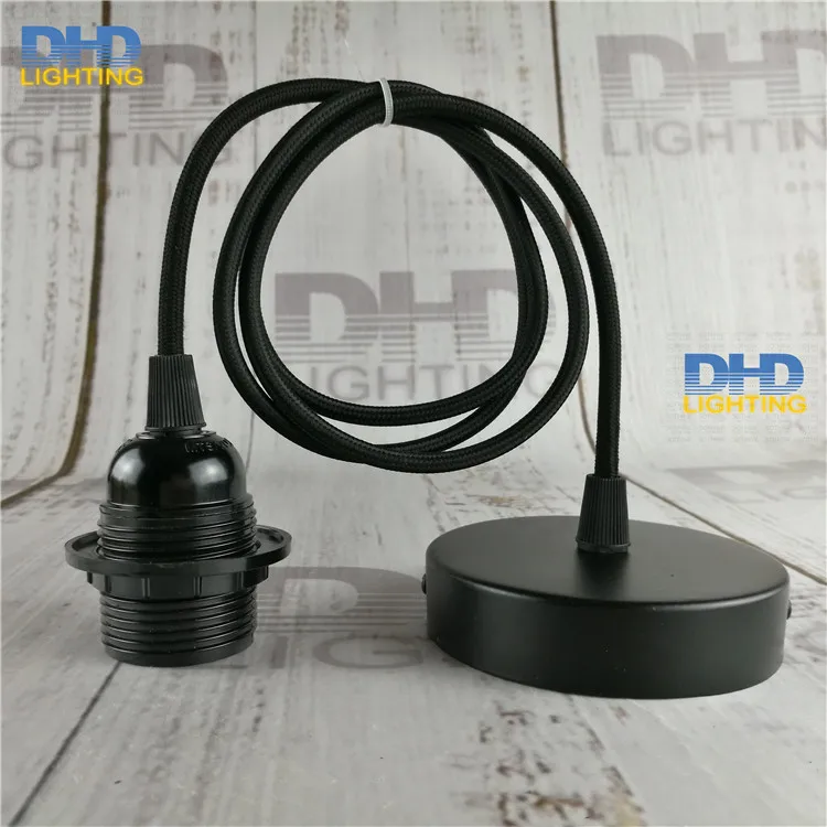 Sample order E27 DIY edison lamp fixture black bakelite full screw socket plastic lamp holder with black cable and ceiling plate