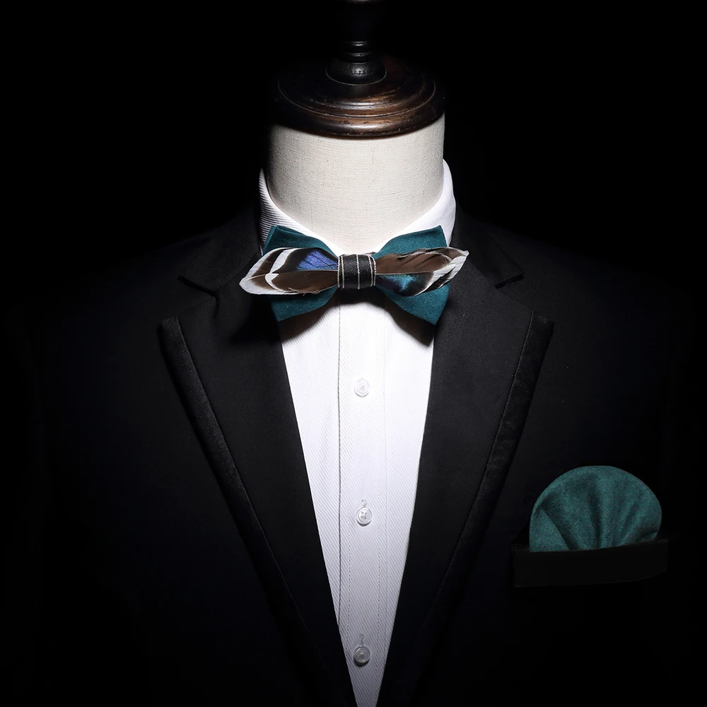 High Quality Men Bow tie Pocket Square Set Handmade Cut Feather Adjustable Formal Tie Bowtie Wedding Party cravat Fathers gift | Аксессуары