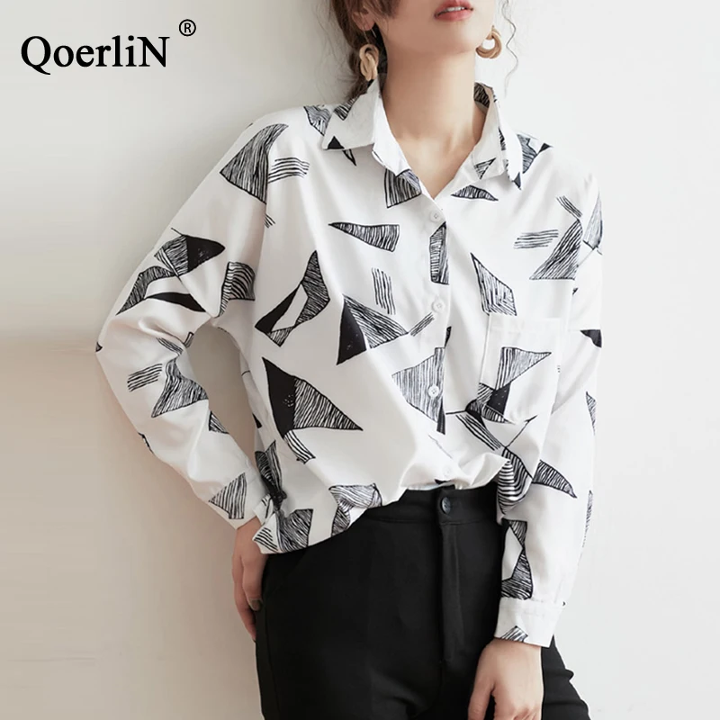 QoerliN 2019 модный принт шифоновая блузка женская рубашка с длинным рукавом плюс
