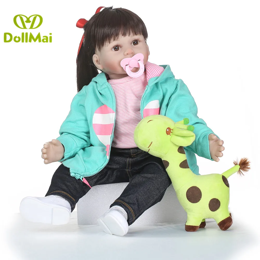 Girl reborn dolls 58cm vinyl silicone baby lifelike with giraffe magnetic pacifier children gift Bebes | Игрушки и хобби