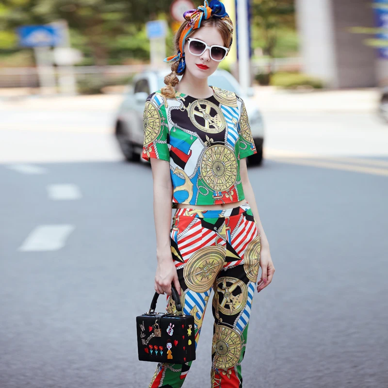 OLN 2PCS Women Tops+Pants Vintage Summer Autumn Short Sleeves Top Shirt Floral Printed Female Suits Ankle Length Pants Thin | Женская