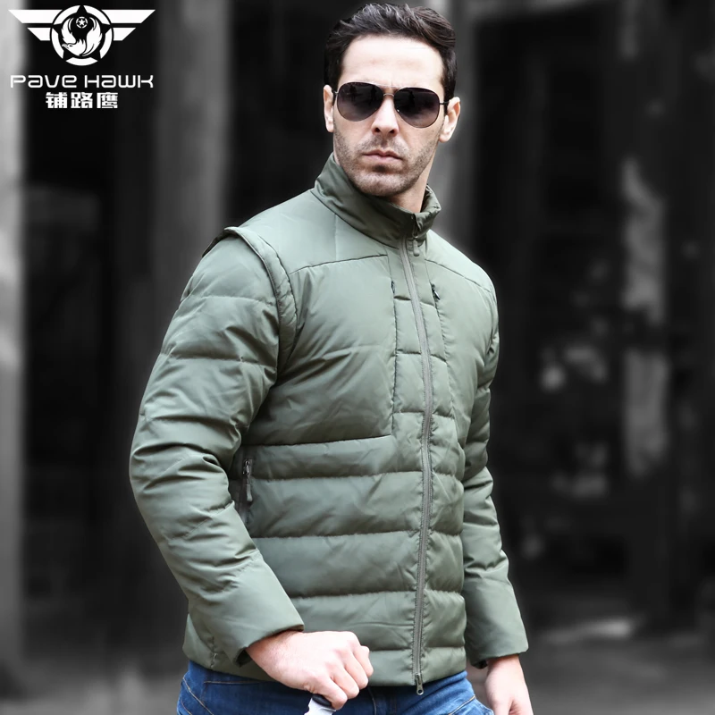 

Men winter windproof Thermal Military Tactical white duck down coat Outdoor sport skiing Hiking Removable Sleeves Down jacket