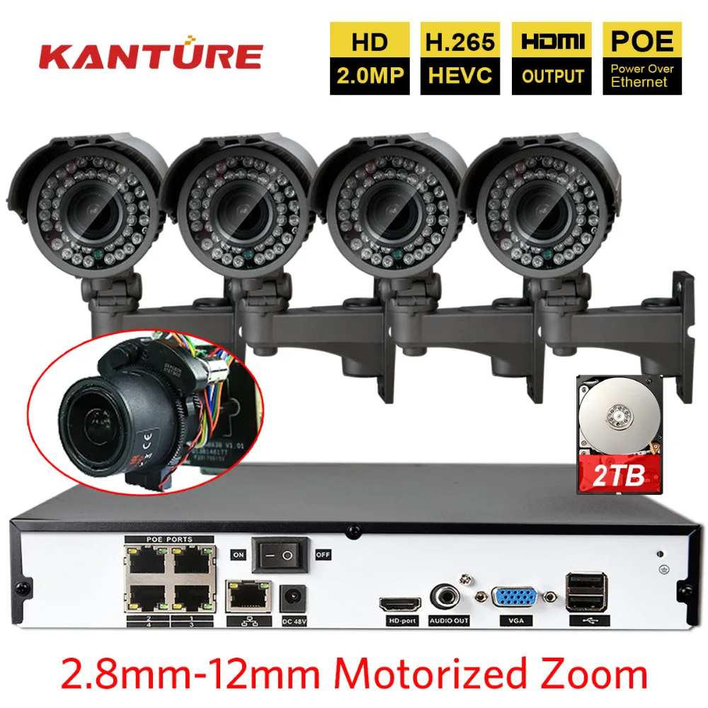 KANTURE H.265 + 4CH 5MP POE CCTV система NVR 2MP 2 8 12 м моторизованный зум фокус Водонепроницаемая