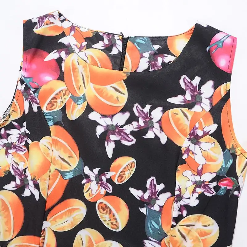 Фрукты с цветочным принтом без рукавов круглым вырезом и тонкая талия летнее