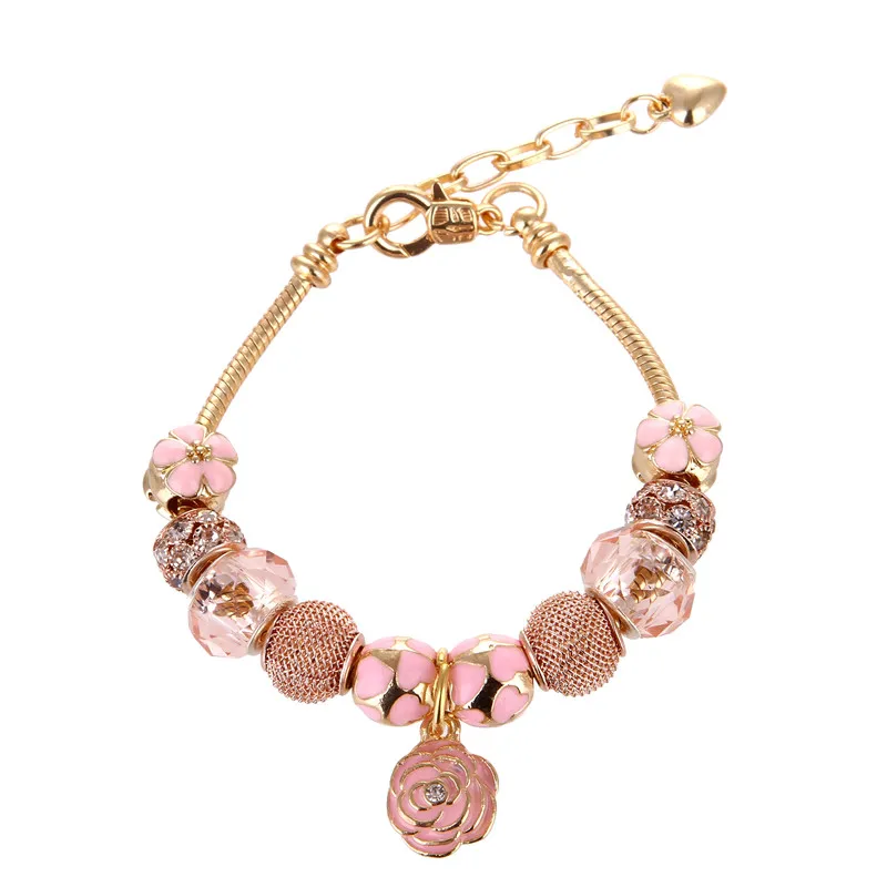 Женский браслет с подвеской в виде цветка розовый розовыми бусинами милый