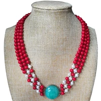 3 rows 17 19 inches 6 7mm red round natural coral beads natural freshwater pearls necklace