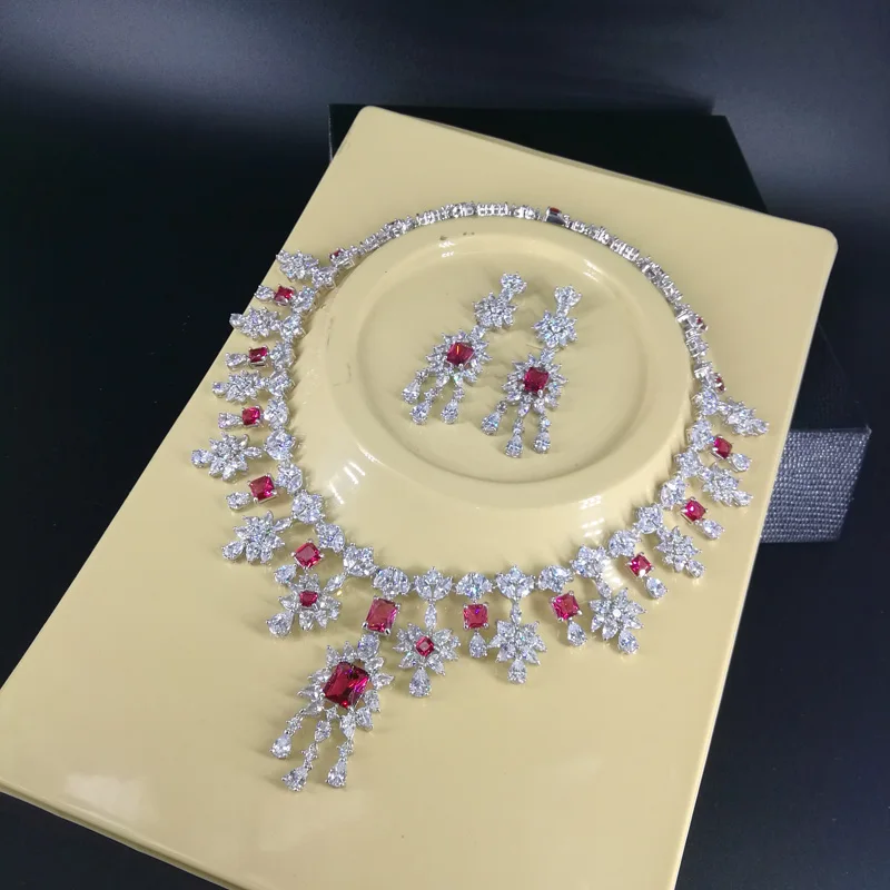 

2021 новые модные роскошные элегантные красный цветок кубического циркония ожерелье серьги Свадебные вечернее вечерние формальный комплект...