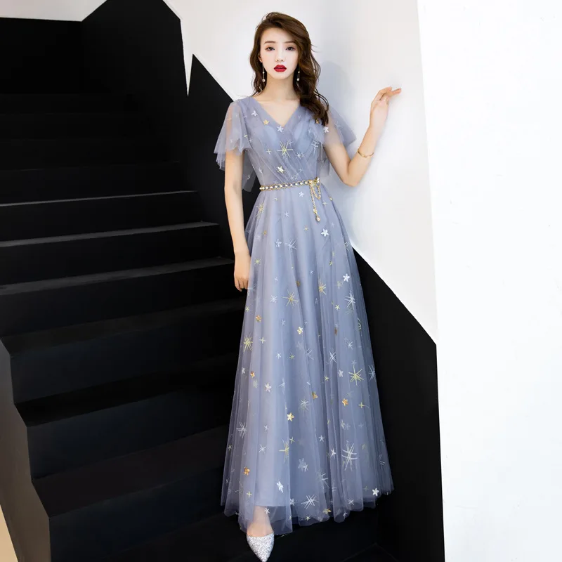 Gray Blue Chinese Oriental V-Neck Full Length Wedding Women Sexy Cheongsam Evening Dress Elegant Princess Dresses Modern Qipao |