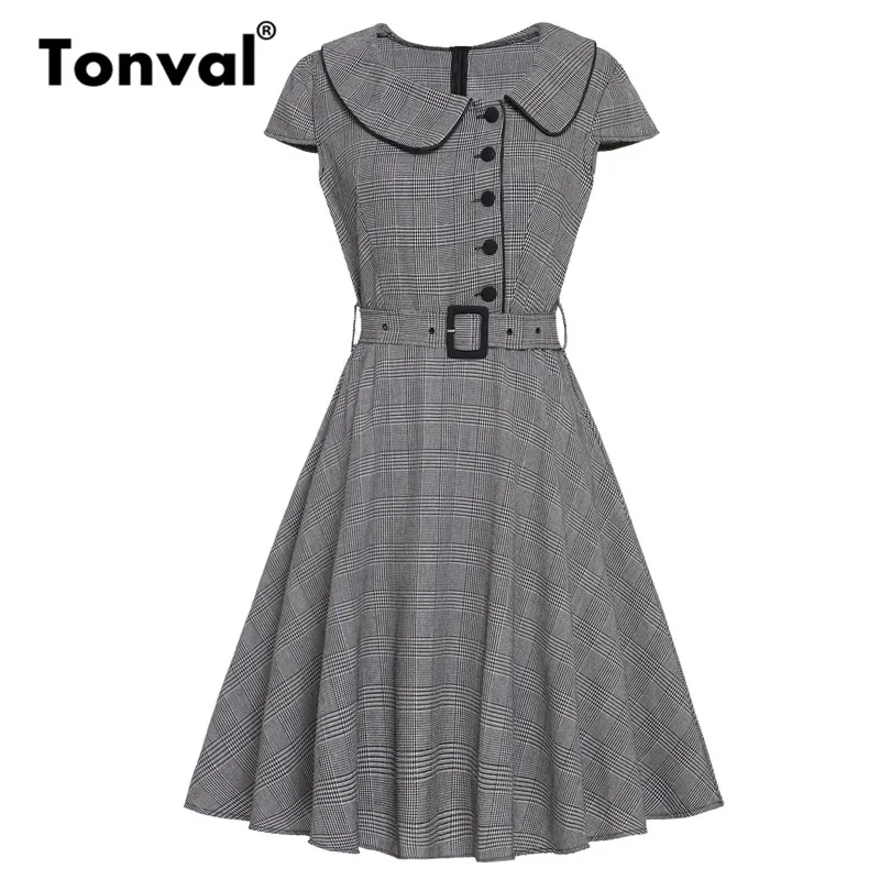 Black Short Sleeve Tonval бургундское винтажное клетчатое платье на пуговицах женская одежда Кепка рукав офисное женское платье Летняя туника Ретро ТРАПЕЦИЕВИДНОЕ ПЛАТЬЕ - Цвет: Black Short Sleeve