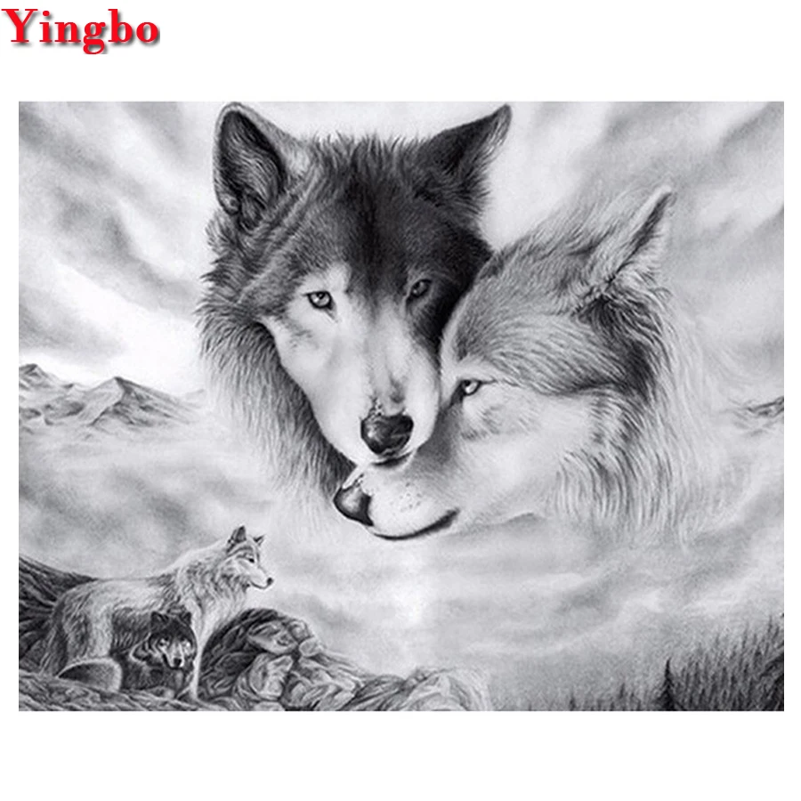 full square/round diamond embroidery bead 5d diy Diamond painting wolf family Cross Stitch mosaic black white wall art | Дом и сад