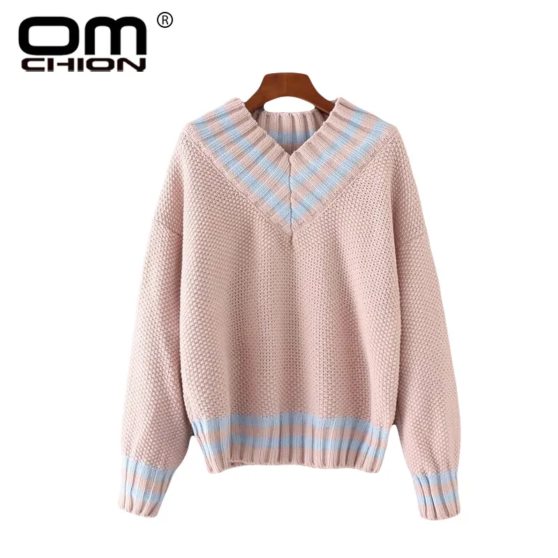 OMCHION Pull Femme 2018 осенние корейские Лоскутные женские свитера и пуловеры с v-образным
