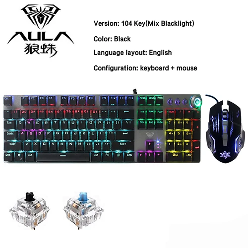 Keyboard mouse AULA оригинальная игровая механическая клавиатура 104 клавишная Проводная клавиатура синий/черный переключатель клавиатура с подсветкой русский/испанский/иврит - Цвет: Keyboard mouse