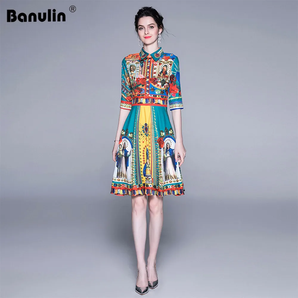 

Banulin 2019 New Summer Runway Mini Dress Women's Fashion Half Sleeve Rose Flower Madonna Print Casual Party Short Dress