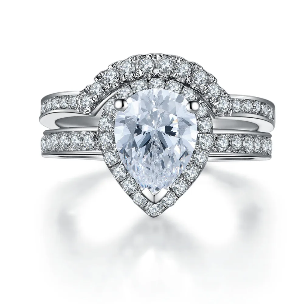 

Filigree Diamond Set Rings 2Ct Pear Cut Diamond Ring Set Solid 925 Sterling Silver Engagement Ring White Gold Color