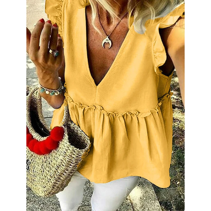 

Blouse Women Solid Causal Summer Womens Tops And Blouses V Neck Short Sleeve Ruffles Ladies Tops Womens Clothing SJ3023R