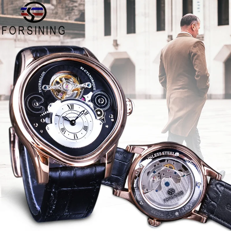 Forsining розовое золото Tourbillion натуральная кожа мужские механические полный