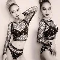 new black bikini jazz dance bodysuit for women sexy net rave clothes bar dj dancers wear vintage singer stage costumes m1021