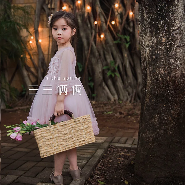 2019 spring Korean cute princess fluffy mesh dress 7 points puff sleeve transparent | Детская одежда и обувь