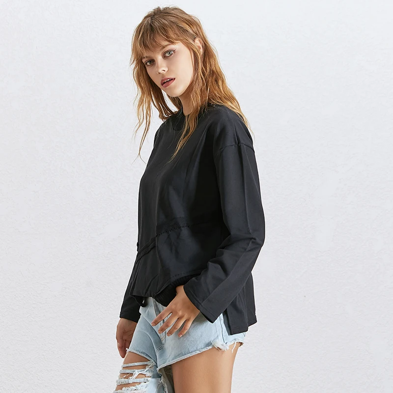 TWOTWINSTYLE уличная Толстовка для женщин с круглым вырезом и длинным рукавом с разрезом сбоку, большие размеры, однотонные пуловеры, Женская мода, новинка