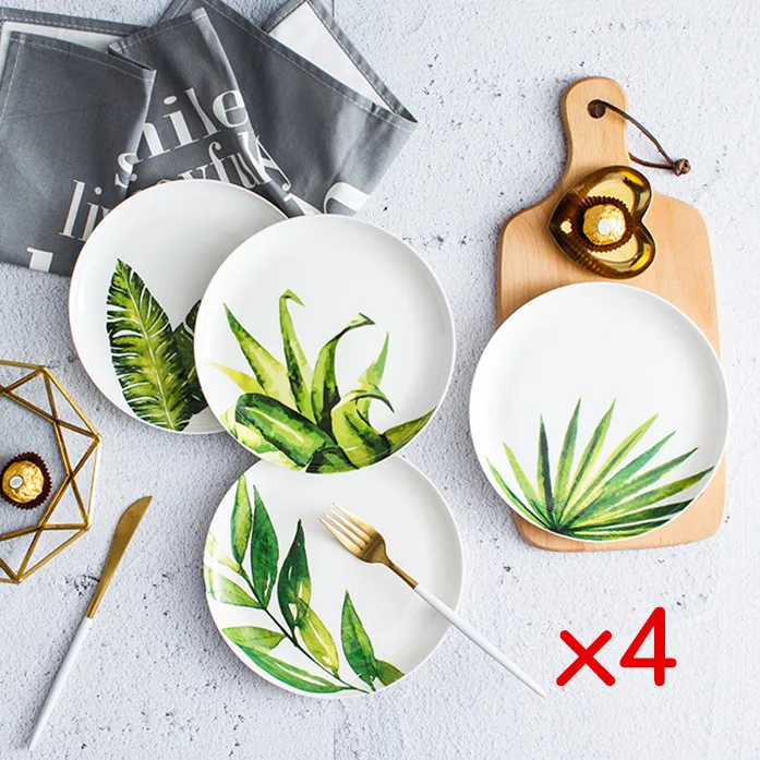 4 шт набор 8 дюймов круглые зеленые растения тропические фарфоровые тарелки