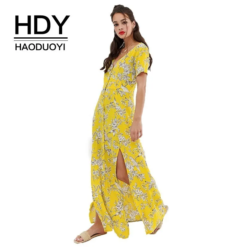 Женское платье HDY Haoduoyi летнее с цветочным принтом и открытым разрезом по бокам в
