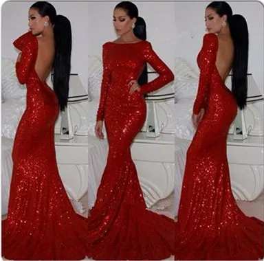 Real Pictures Cheap Red Long Sleeves Sequined Evening Prom Dress 2015 Sexy Open Back Special Occasion With Small Train | Свадьбы и